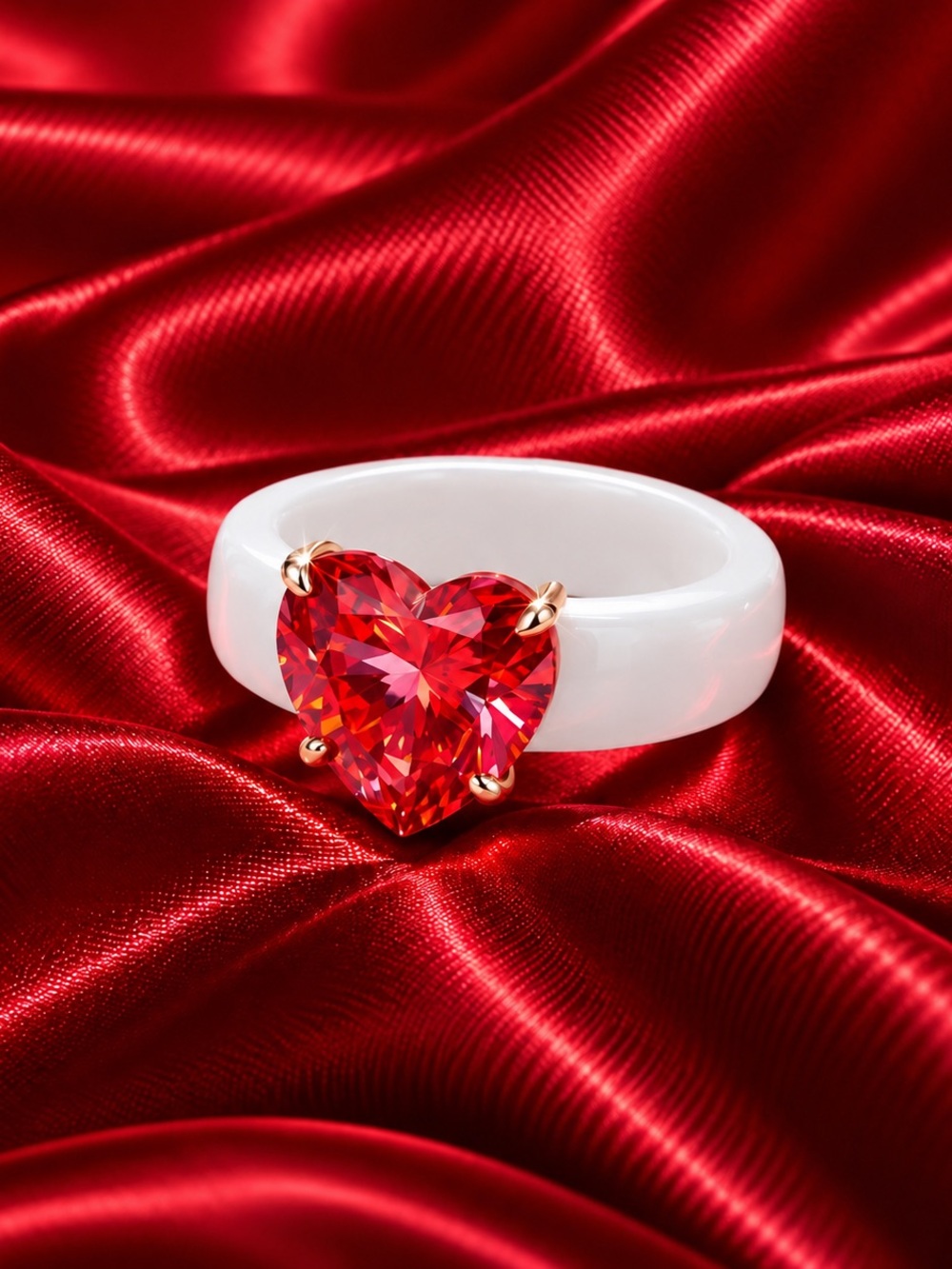 Red Heart CZ White Silicone Ring Rose Gold Tone Size 10ā10.5 NWT